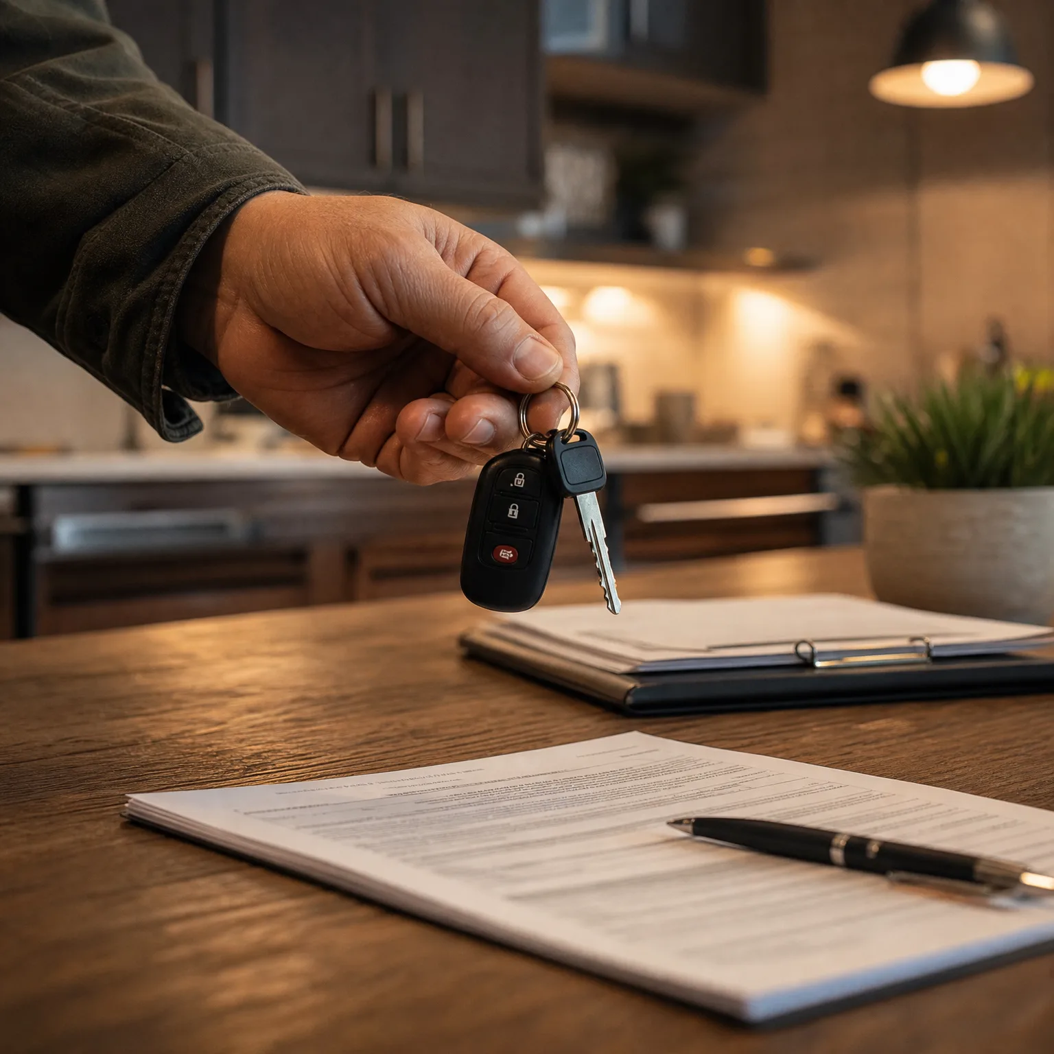 A hand holds a car key with a black remote fob over a wooden table where printed documents, a pen, and a clipboard rest, with a dimly lit kitchen in the background.