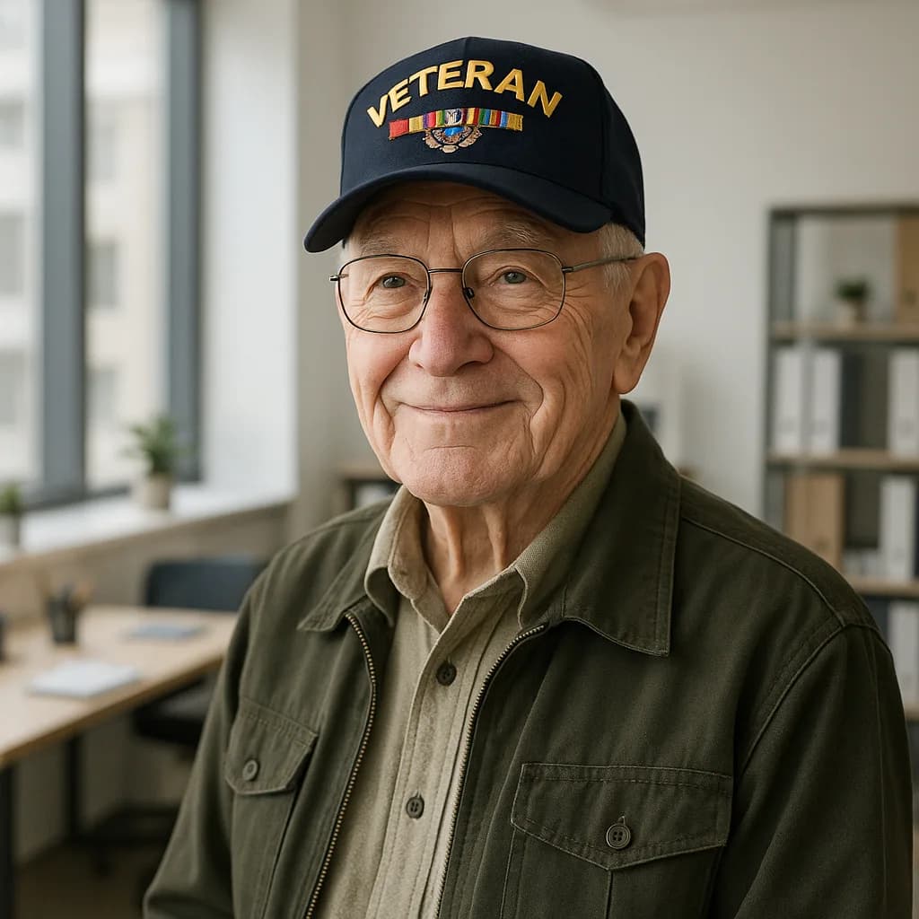 Smiling elderly veteran wearing glasses and military veteran cap in olive jacket