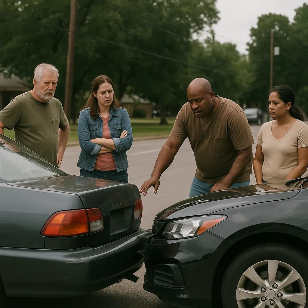 Four people examining damage from a car accident between two vehicles on a residential street