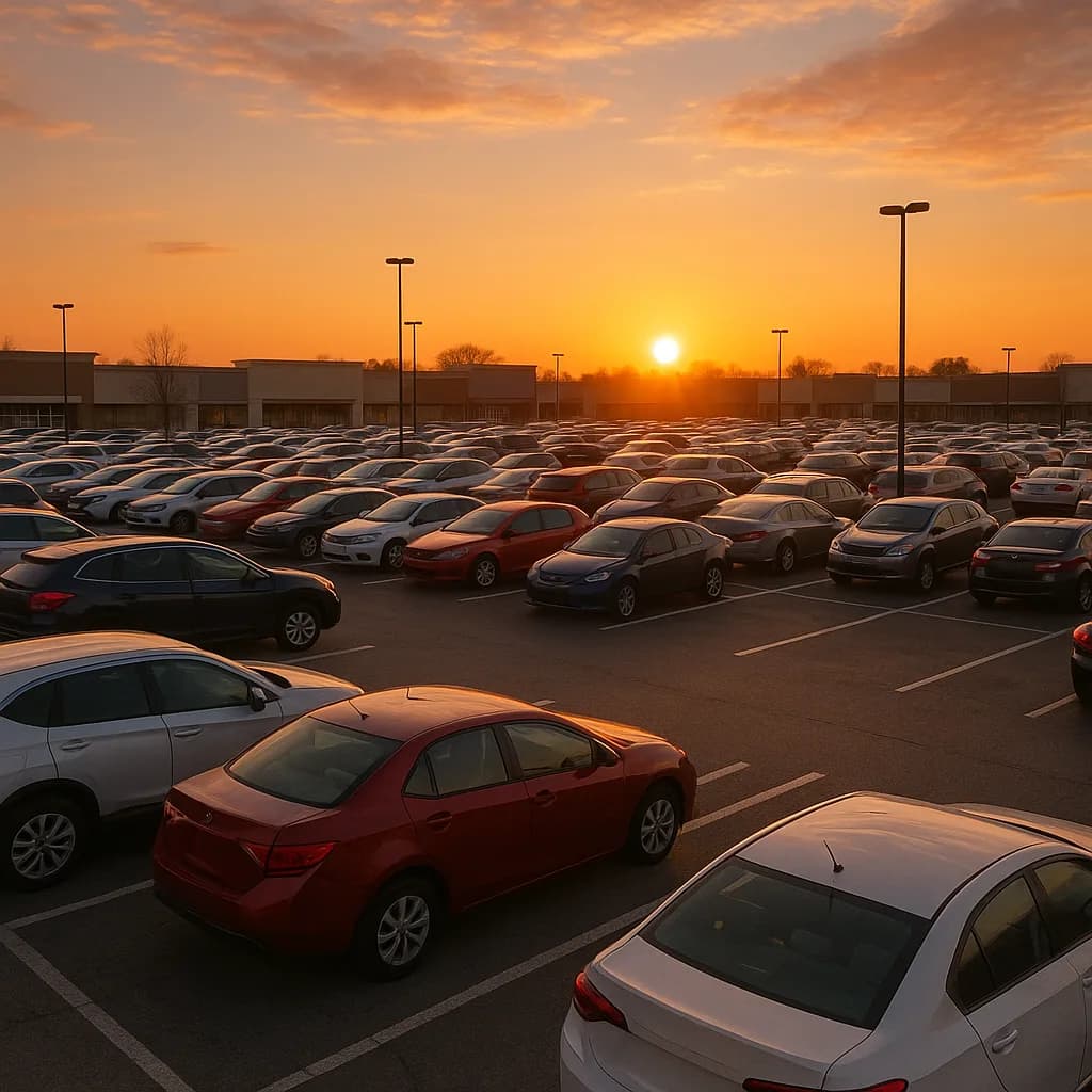 Crowded parking lot at sunset with rows of cars and light poles silhouetted against orange sky