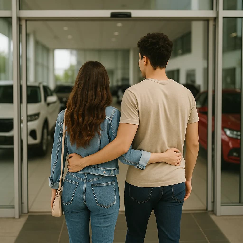 Couple embracing while entering car dealership showroom, viewed from behind