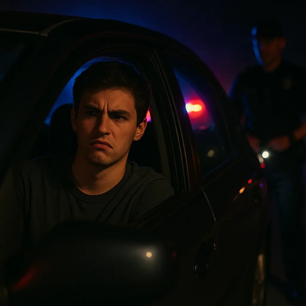 Young man with worried expression looking out car window at night with police lights in background