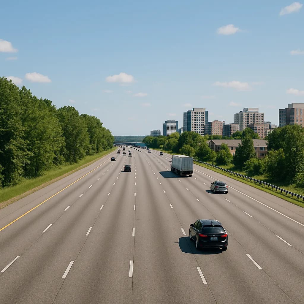 Multi-lane highway leading to city skyline with cars and truck, bordered by green trees on sunny day