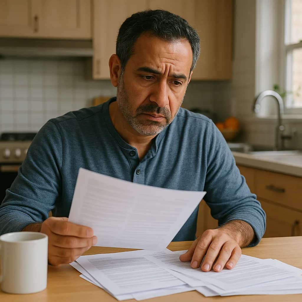 Man reading documents with concerned expression at kitchen table with coffee mug