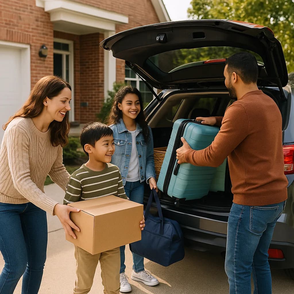Happy family loading luggage into car trunk in driveway preparing for trip